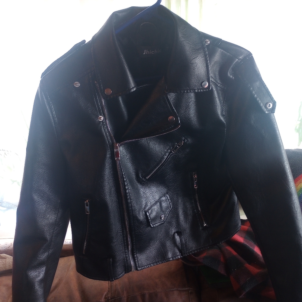 Black leather motorcycle jacket